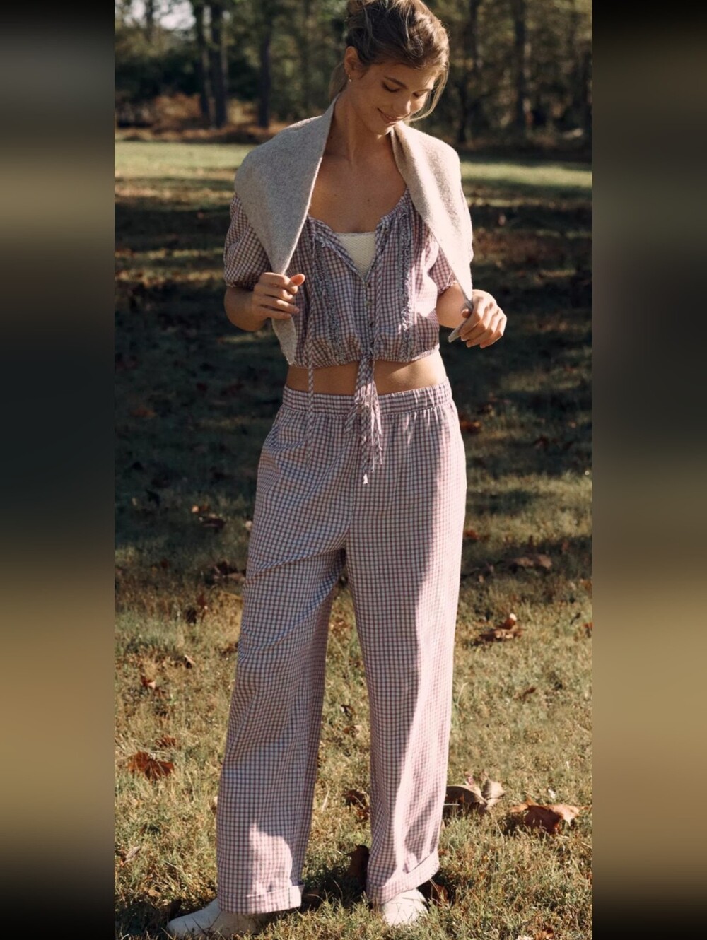 Anthropologie's LyreBird 100% Cotton Gingham Cropped Lounge Set Size Large